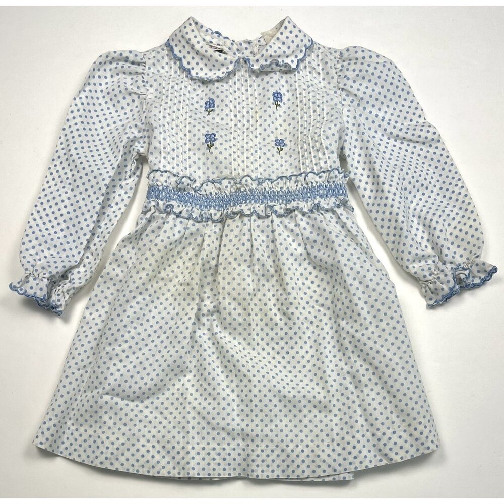 VTG 1950s MATY 24mos? Cotton L/S Embroidered DRESS Blue Dot Cottagecore *Flaws*